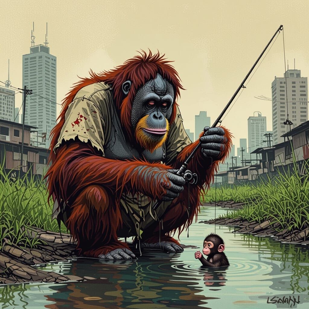 Orangutan's Urban Catch: A Surreal Illustration
