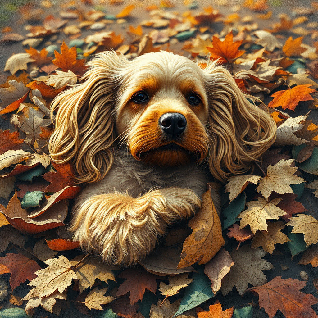 Cocker Spaniel in Autumn Leaves: Mixed Media Illustration