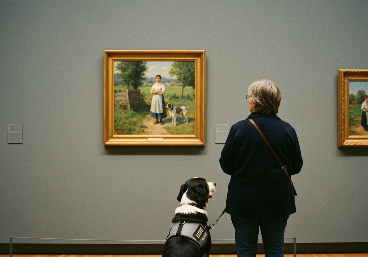 Woman and Service Dog Contemplate Art in Gallery