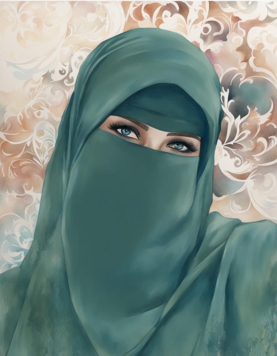 Beautiful Woman in Niqab: Watercolor and Ink Art