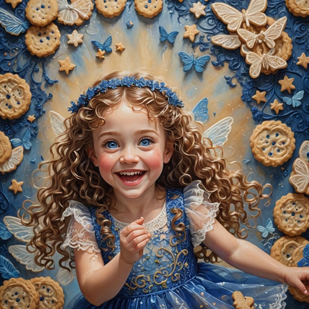 Happy Fairy Girl Baking Cookies in Blue Lace Dress