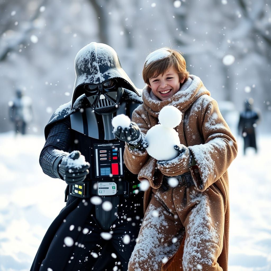 Darth Vader and Luke Engage in Joyful Winter Snowball Fight