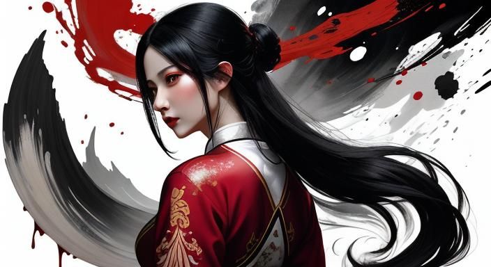 Woman in Red: Chinese Ink Wash Painting