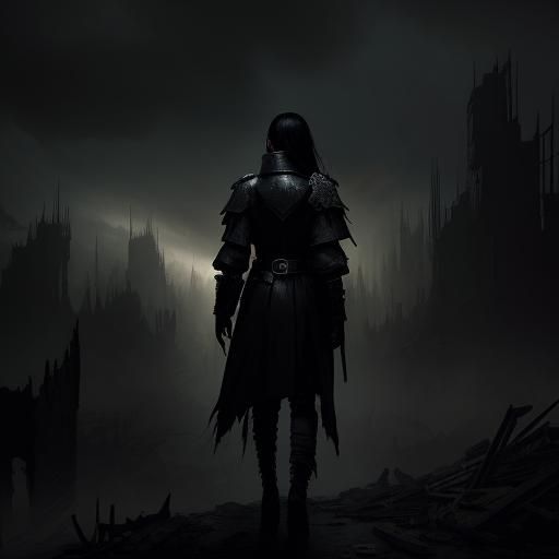 Female Warrior in Crumbling Cityscape, Dark Fantasy Art