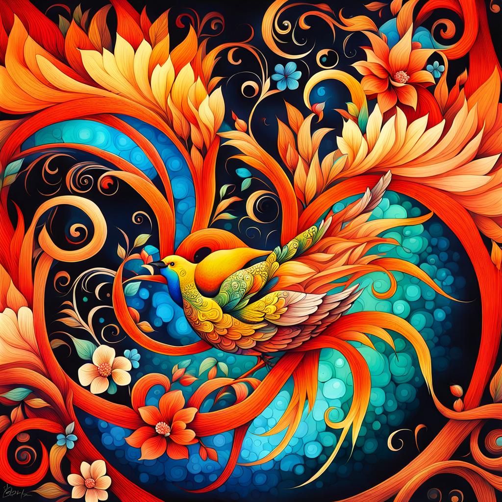 Whimsical Bird and Flower Garden Optical Illusion