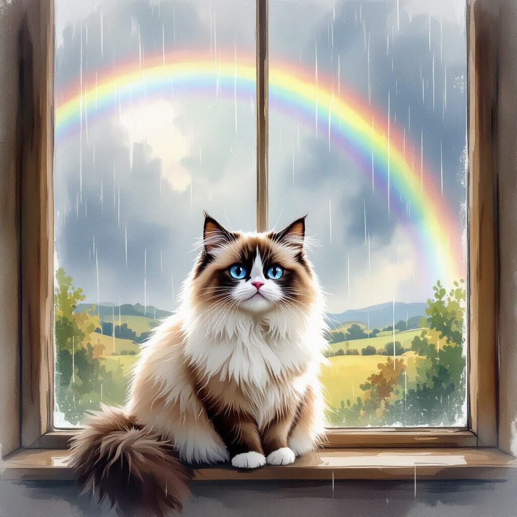 Ragamuffin Cat at Window with Rainbow in Watercolor Style