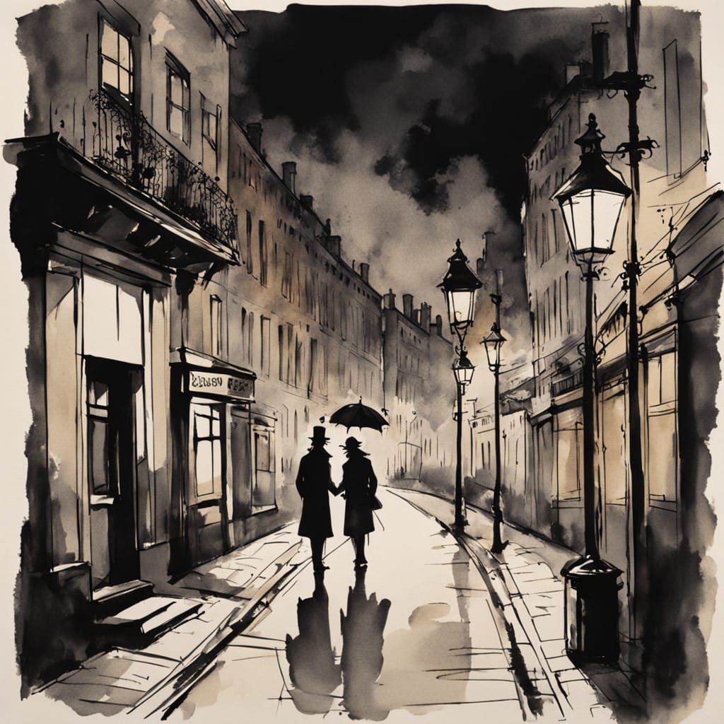 Steampunk Ink Painting of London Couple by Lamppost