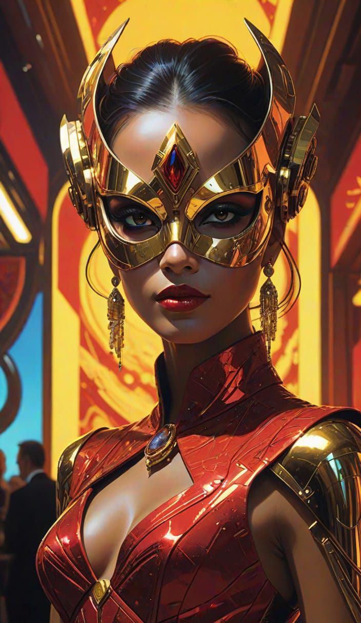 Glamorous Latina Cyborg Assassin in High-Tech Masquerade Bal...