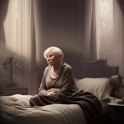 Skinny, old woman, with black hair pulled back into a bun, sitting up in bed, woken from a bad dream.