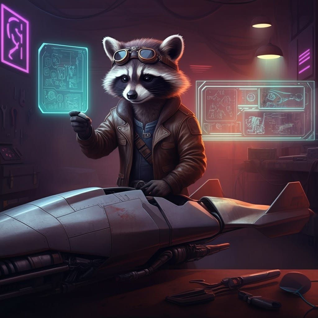 Cyberpunk Raccoon Mechanic Inspects Futuristic Speeder in Ne...