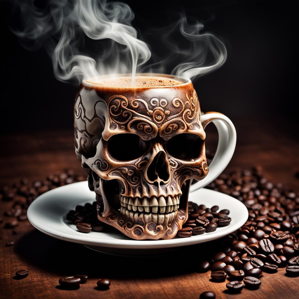 Skull in Coffee Steam: Hyperrealistic Image