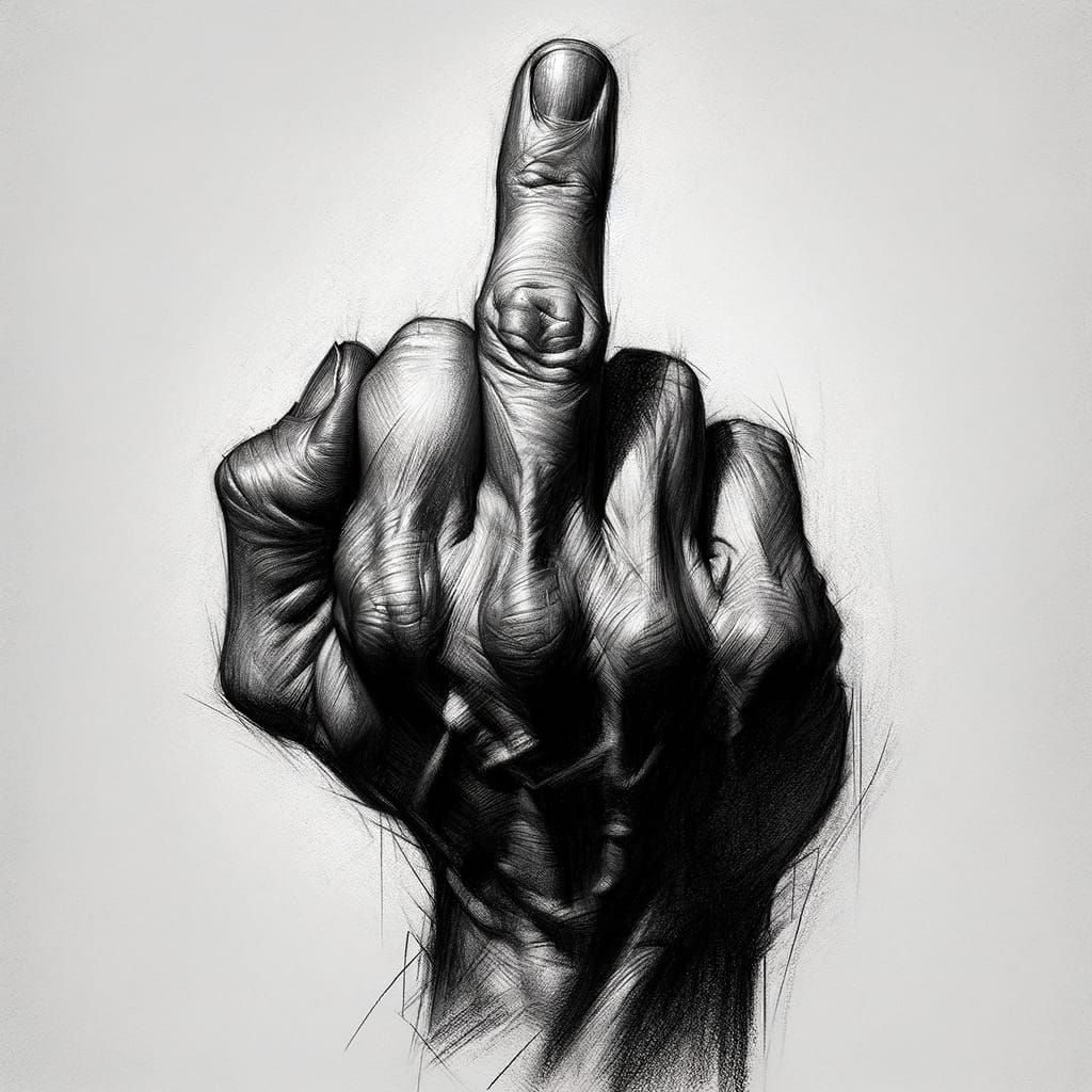 Charcoal Drawing of Raised Middle Finger