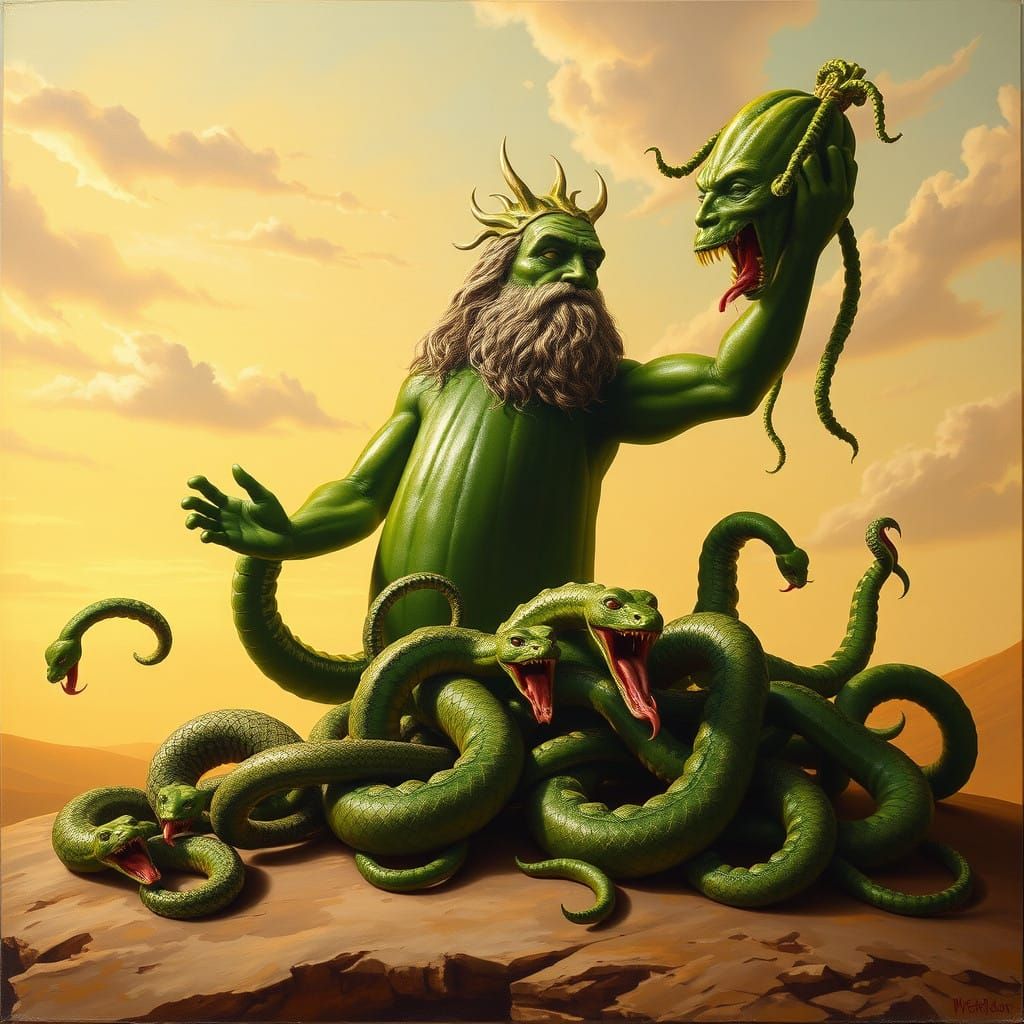Giant Zucchini as Perseus Triumphs Over Medusa in a Golden T...
