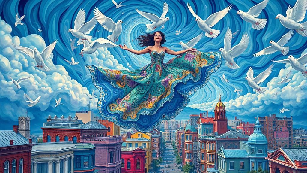 Psychedelic Soaring Woman in Surreal Cityscape