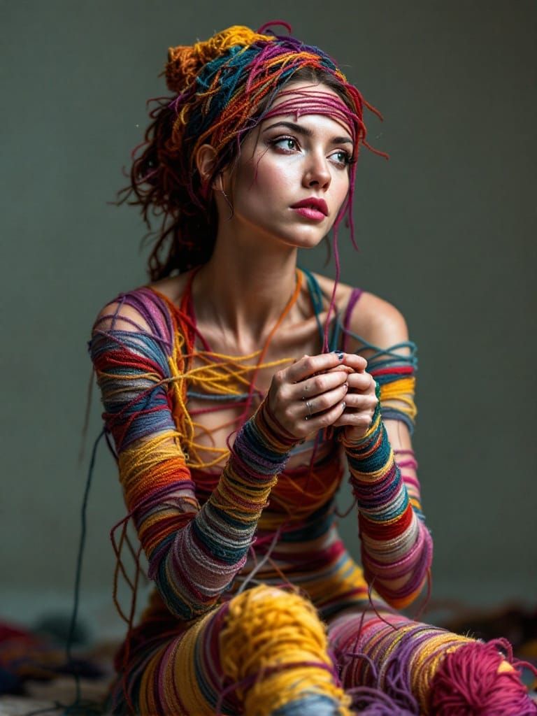 Woman Weaves Her Own Existence from Colorful Yarn