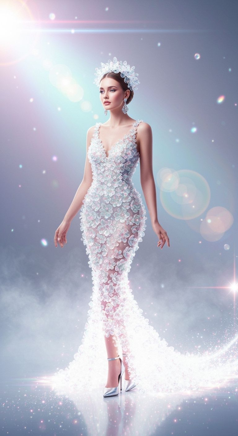 Elegant Woman in Glass Flower Gown with Prismatic Light
