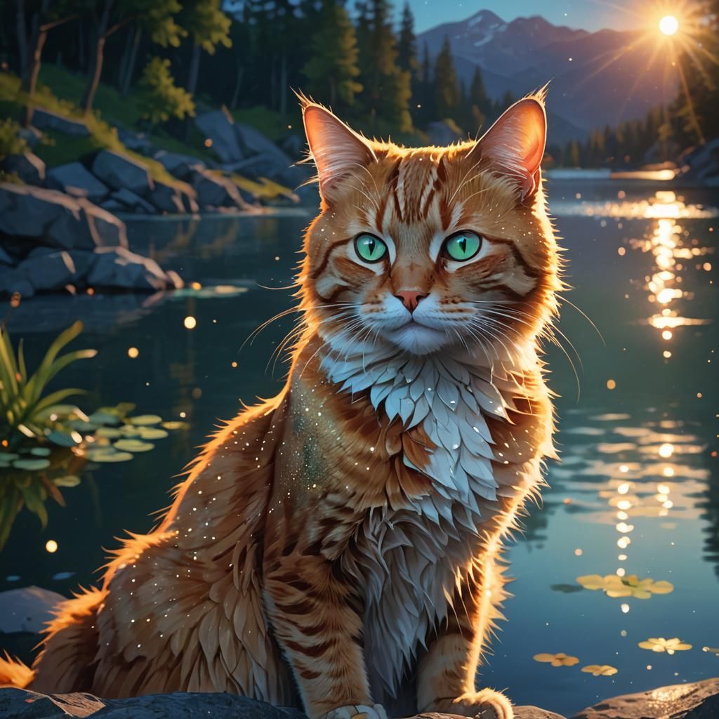 Ginger Cat Portrait by Sparkling Lake at Night