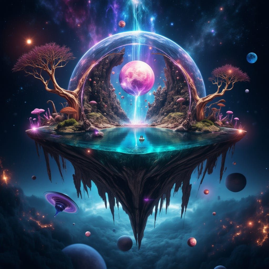 Floating Island City in Cosmic Void, Hyper-Detailed Art