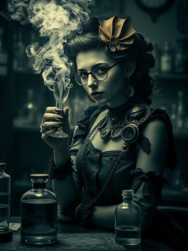 Steampunk Alchemist in Pop Surrealist Laboratory