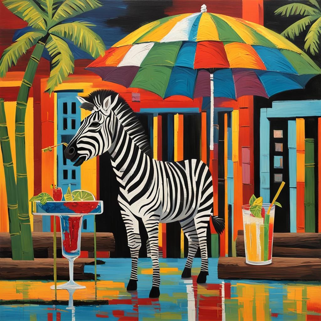 Smiling Zebra Sipping Cocktail in Cuba, Impasto Painting