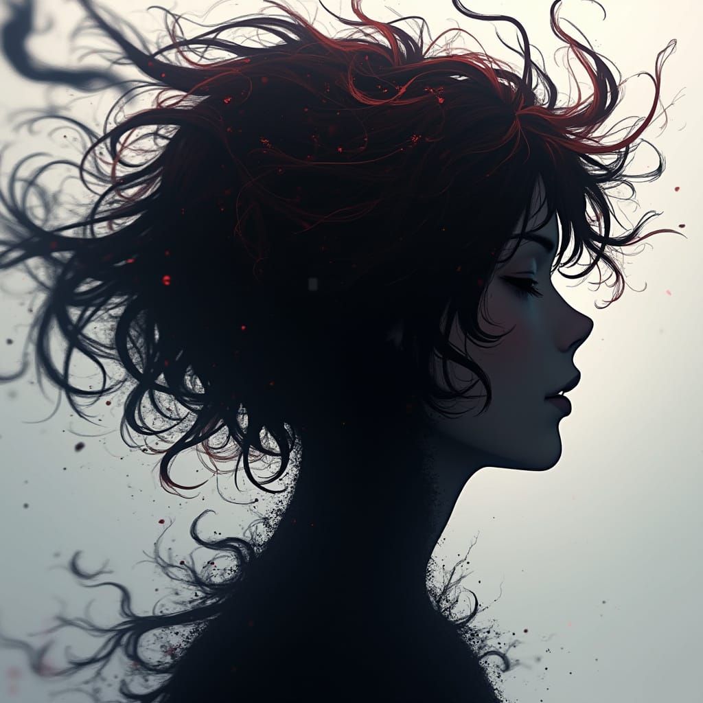 Silhouette's Mind Swirling with Abstract Dark Shapes