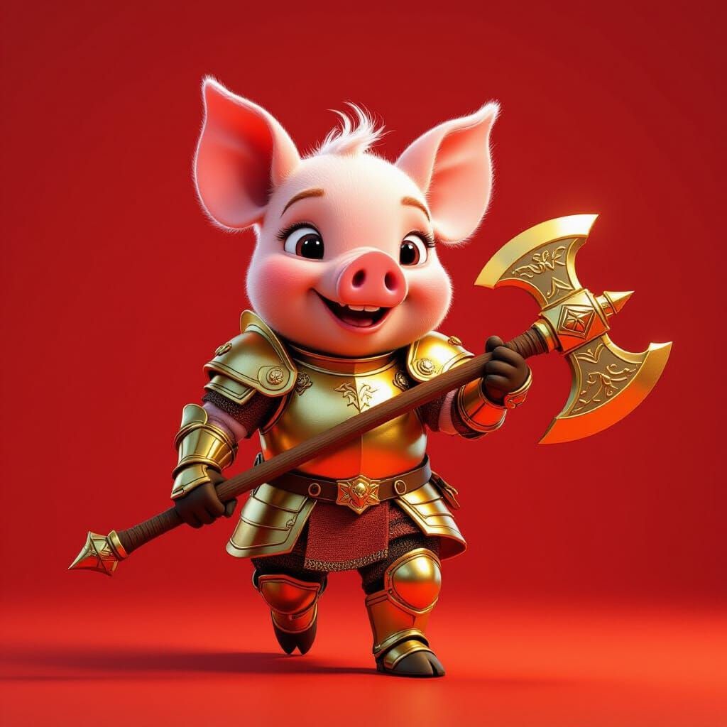 Cute Piglet Warrior in Golden Armor