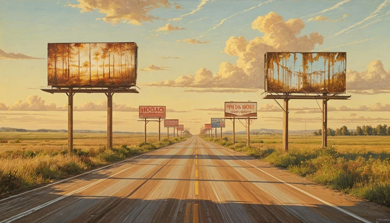 Prairie Highway with Decaying Billboards: Oil Painting