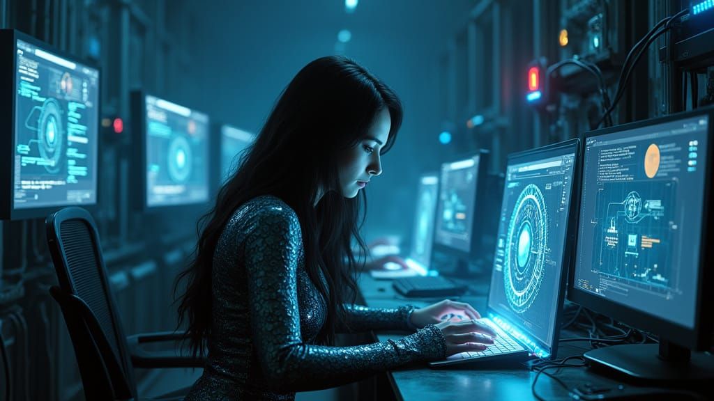 Futuristic Princess in Cyberpunk Coding Lair
