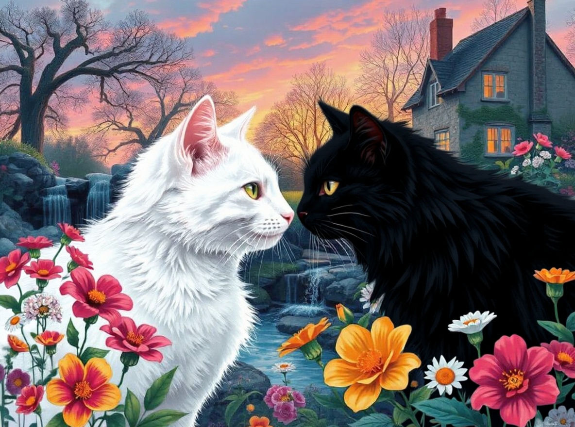 Cats Touching Noses in English Garden, Graffiti Art