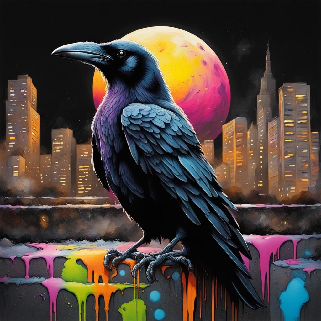 Raven at Night: Graffiti Art Under the Moon