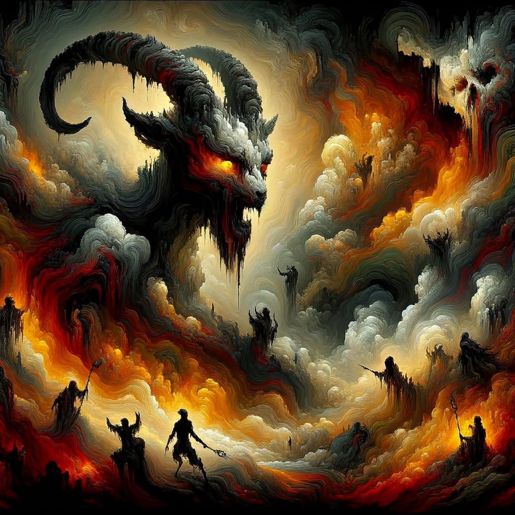 Grotesque Underworld Figure in Fiery Smoky Landscape