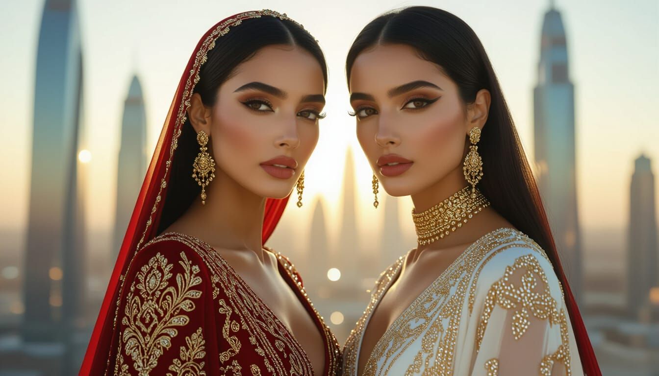 Couture Goddesses in Futuristic Cityscape