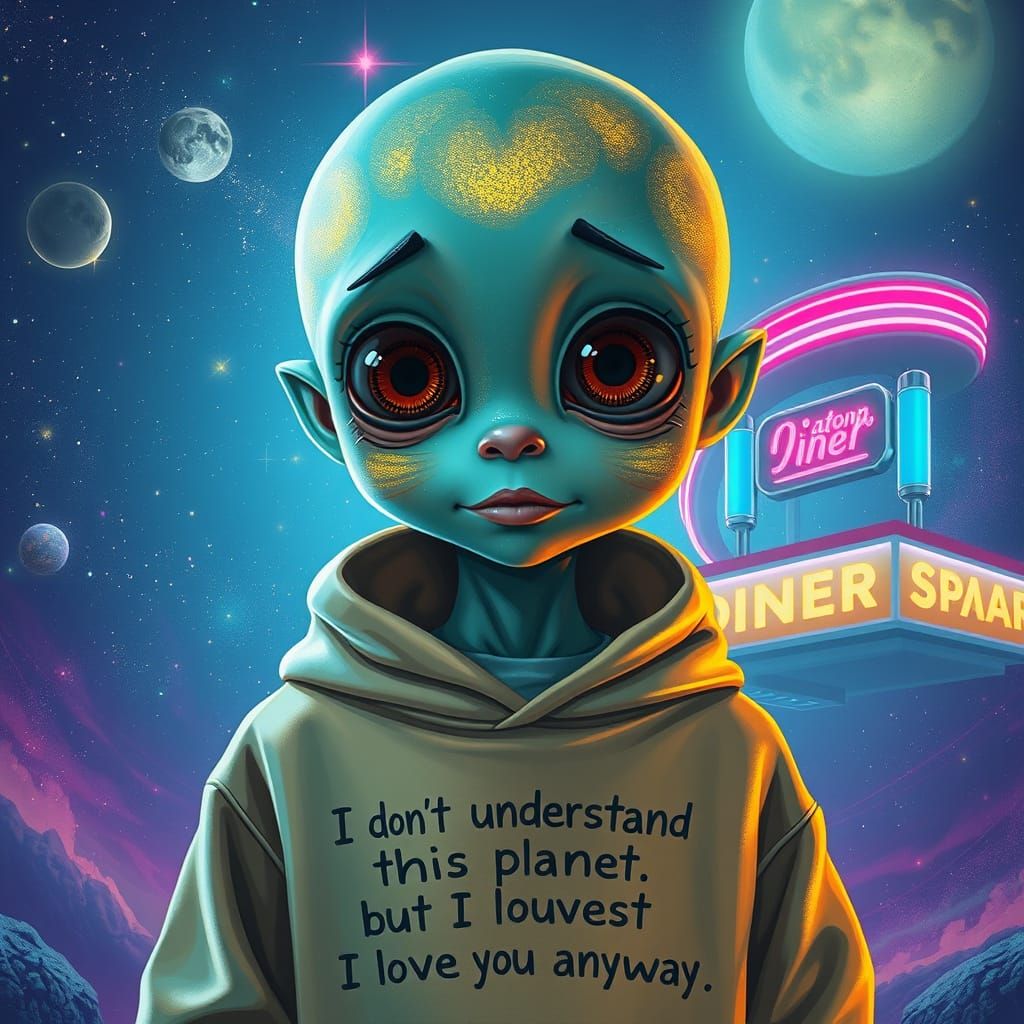 Shimmering Teal Being with Kind Eyes in Neon Starscape Diner