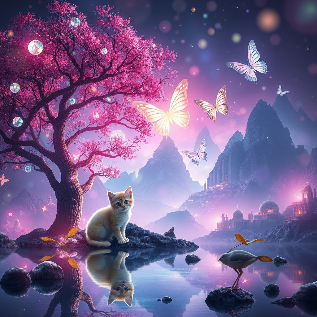 Surreal Landscape with Glowing Runes and Butterflies