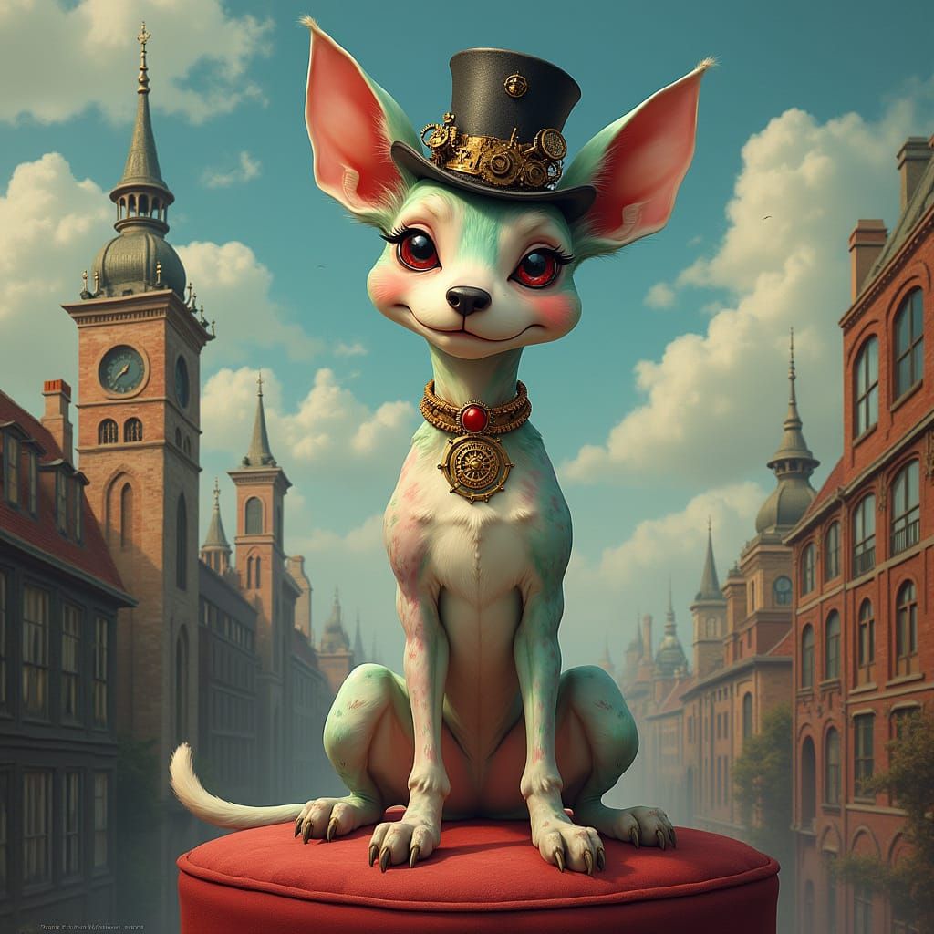 Whimsical Dog in Steampunk Cityscape, Inspired by Gothic Art