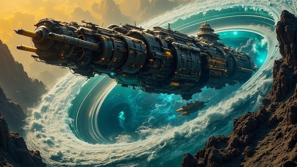 Epic Military Spaceship in Cosmic Orbit with Dark Teal Rings