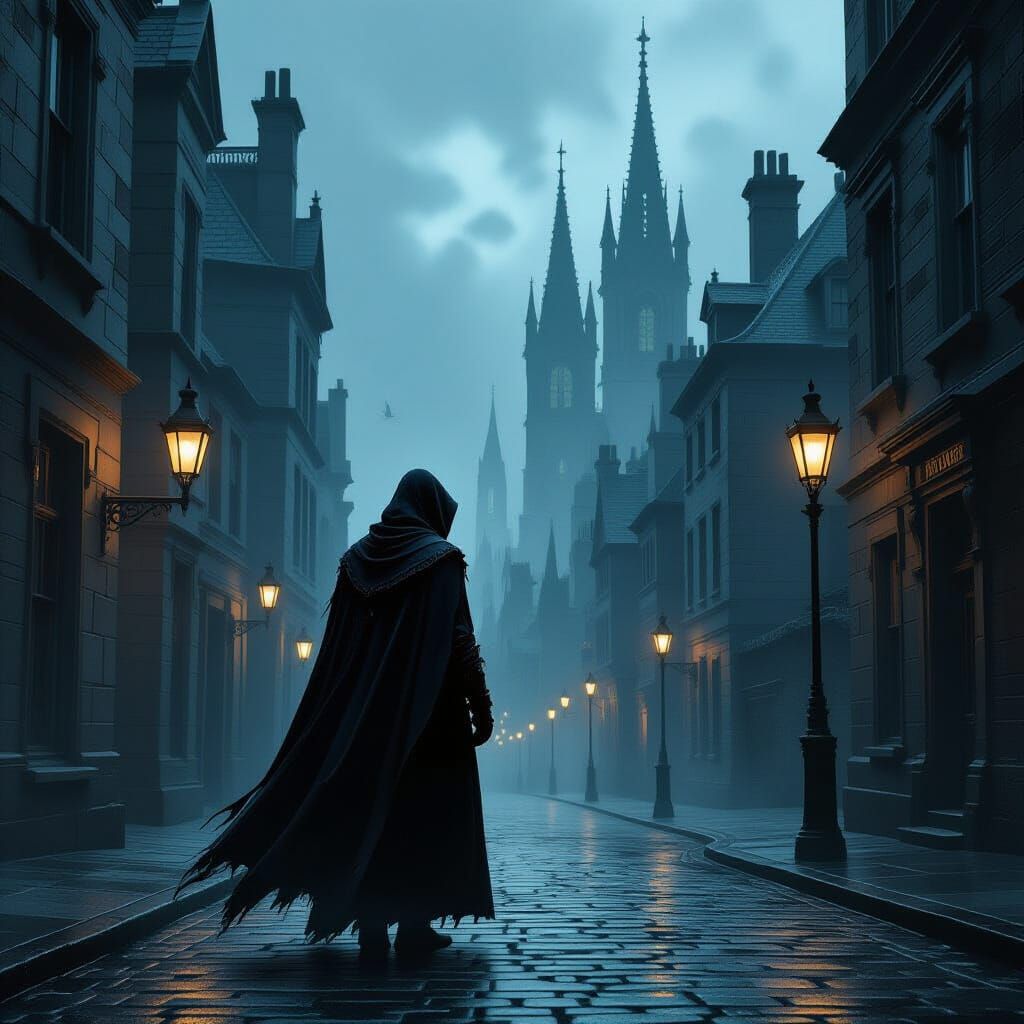 Victorian Assassin on Cobblestone Street in Gothic City