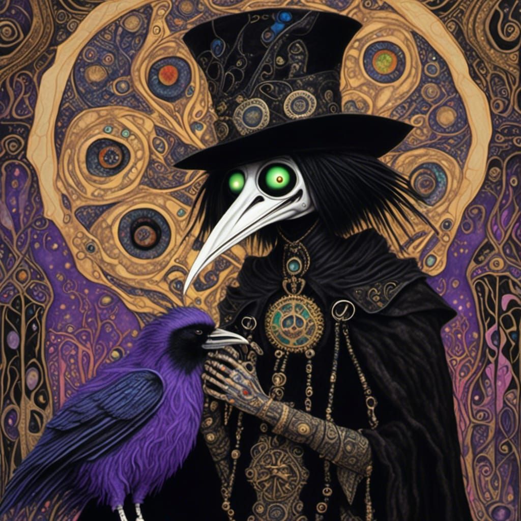 Plague Doctor with Raven in Dark Whimsical Style