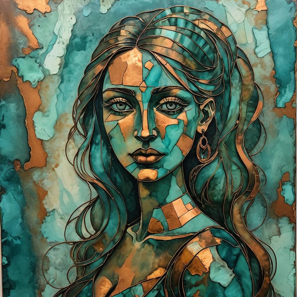 Cubist Girl Portrait in Copper and Alcohol Ink