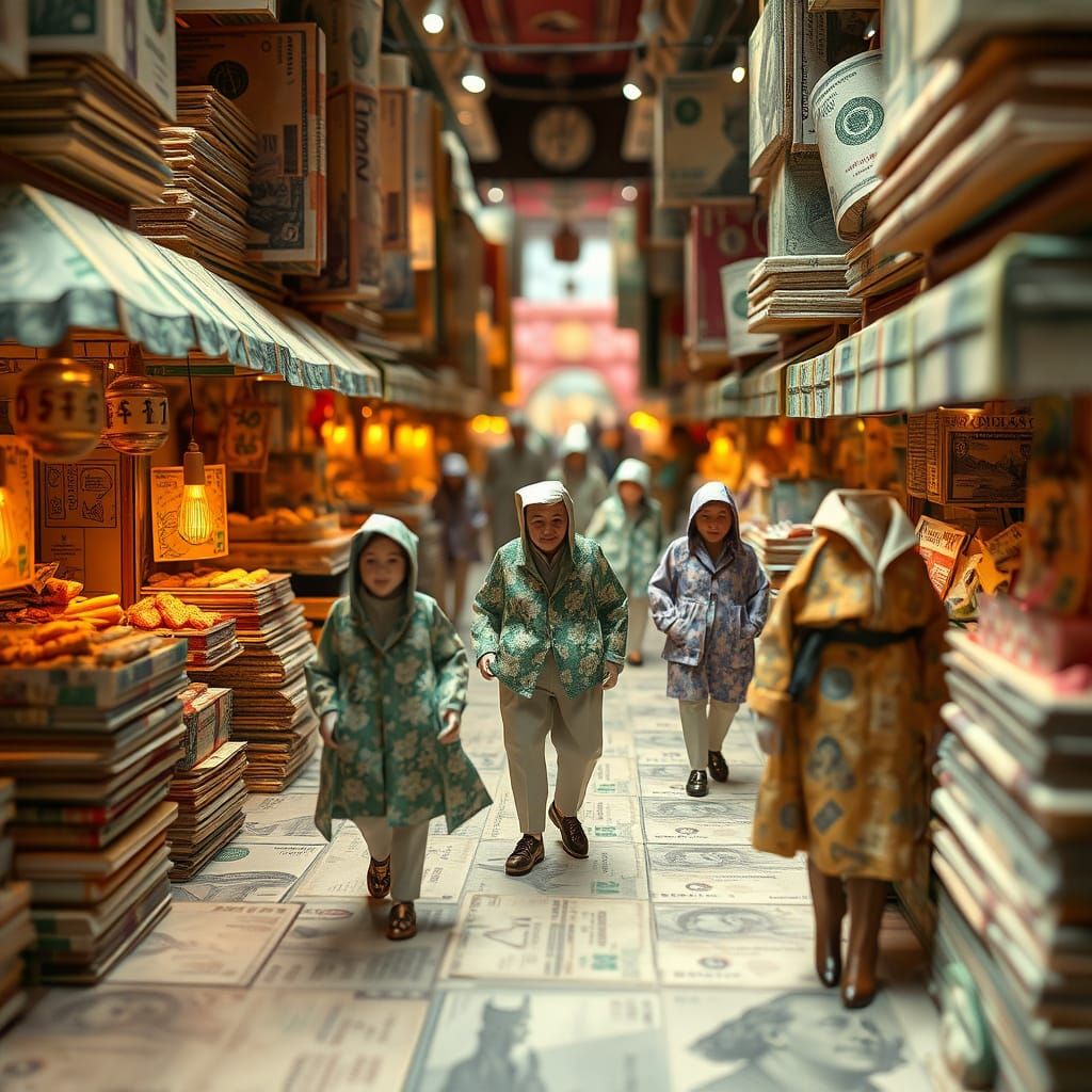 Origami Marketplace Made of Money, Whimsical Surreal Style