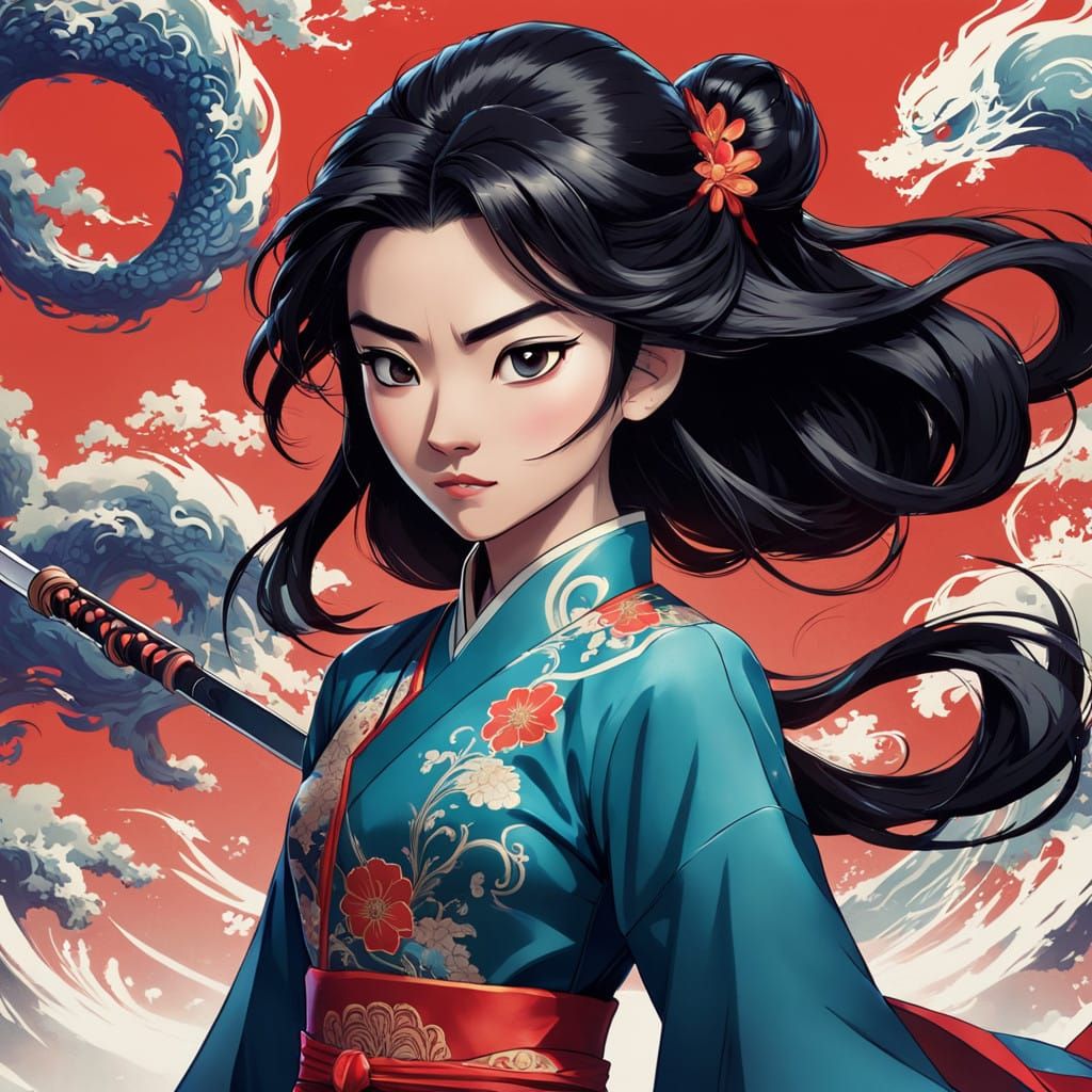Confident Mulan in Modern Cheongsam, Anime-Inspired