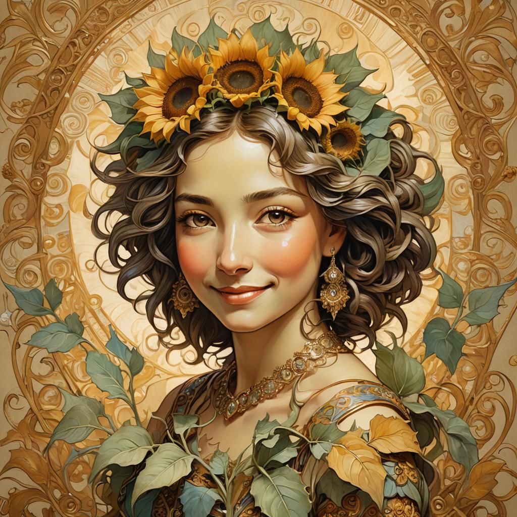 Smiling Sunflower Portrait in Art Nouveau Style