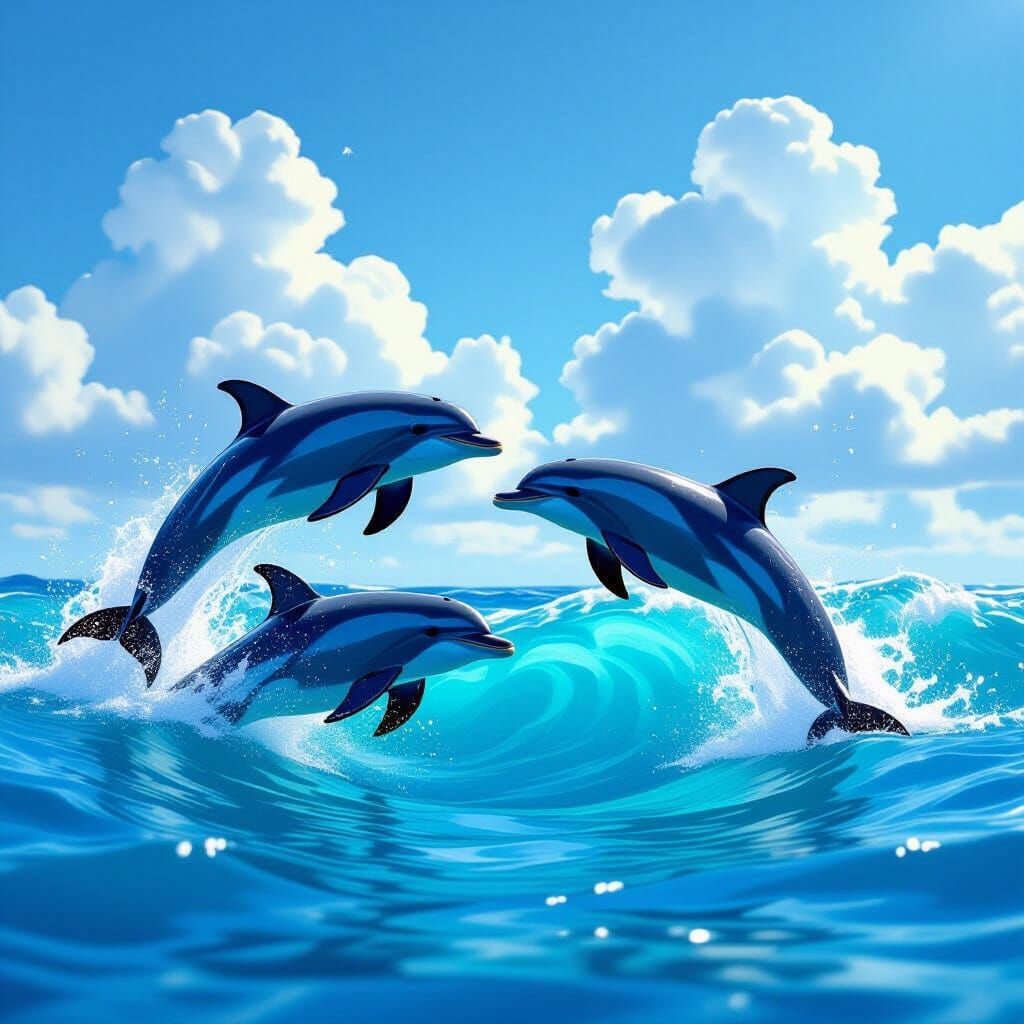 Dolphins Leap Through Turquoise Waves Under Blue Sky