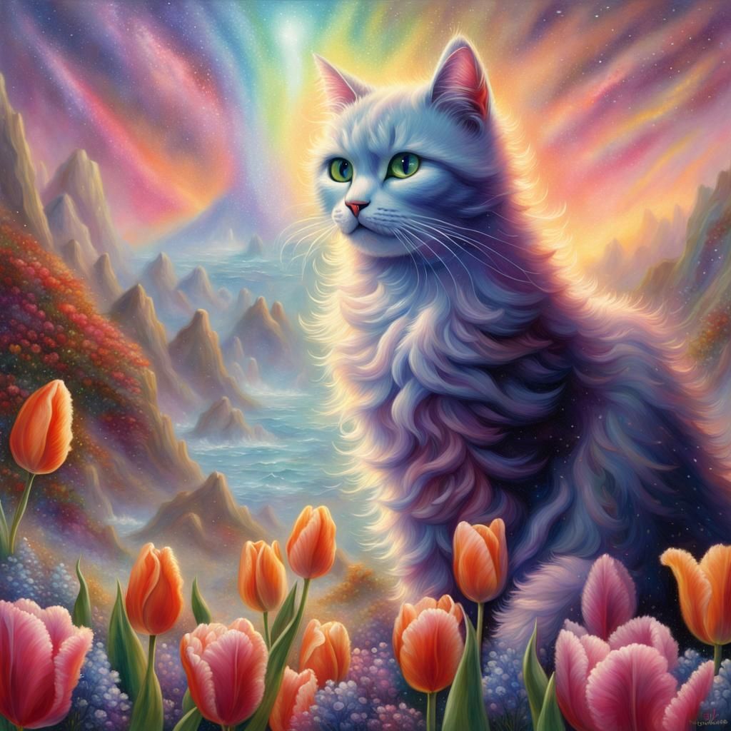 Galactic Cats Erupting from Volcano in Rainbow Display