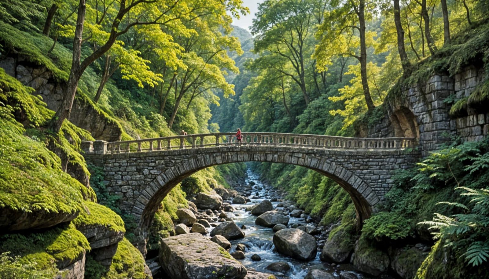 Ancient Stone Bridge Over a Serene Forest Gorge