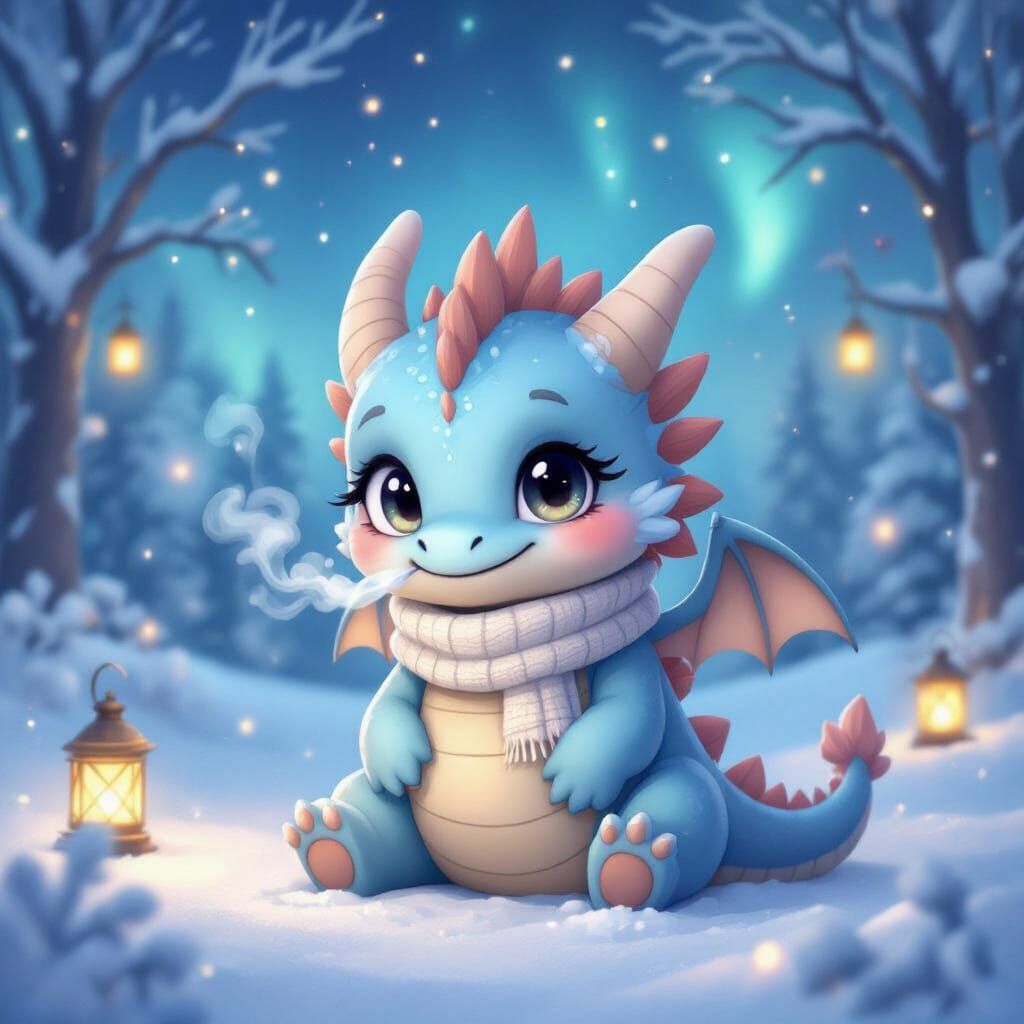 Chibi Blue Dragon in Snowy Forest Wonderland