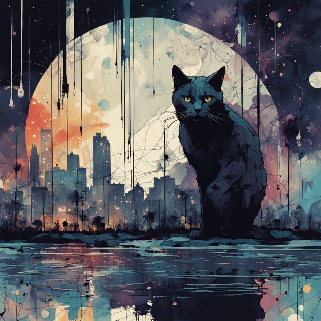 Surreal Cityscape Cat in Neon Galaxy