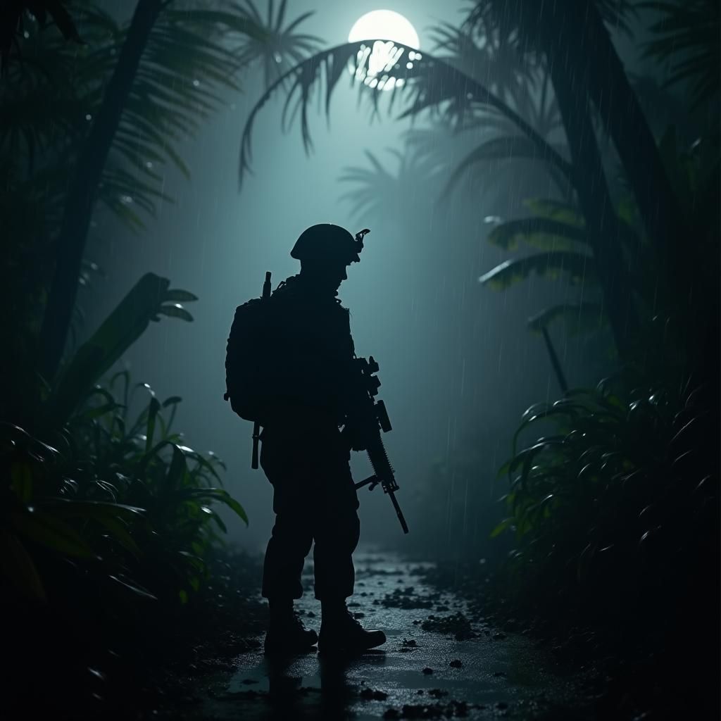American Soldier Silhouette in Rainy Jungle Night