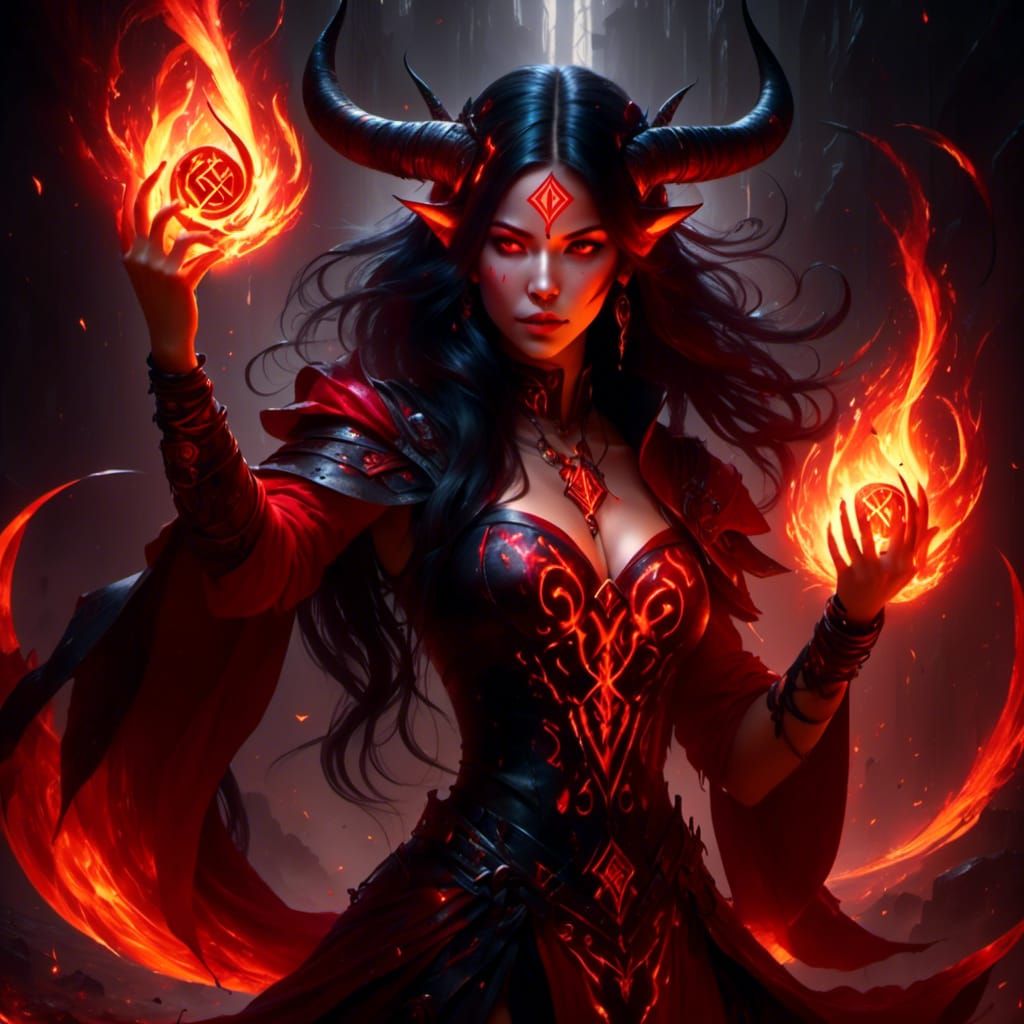 Teifling Sorceress Wielding Flames and Glowing Runes