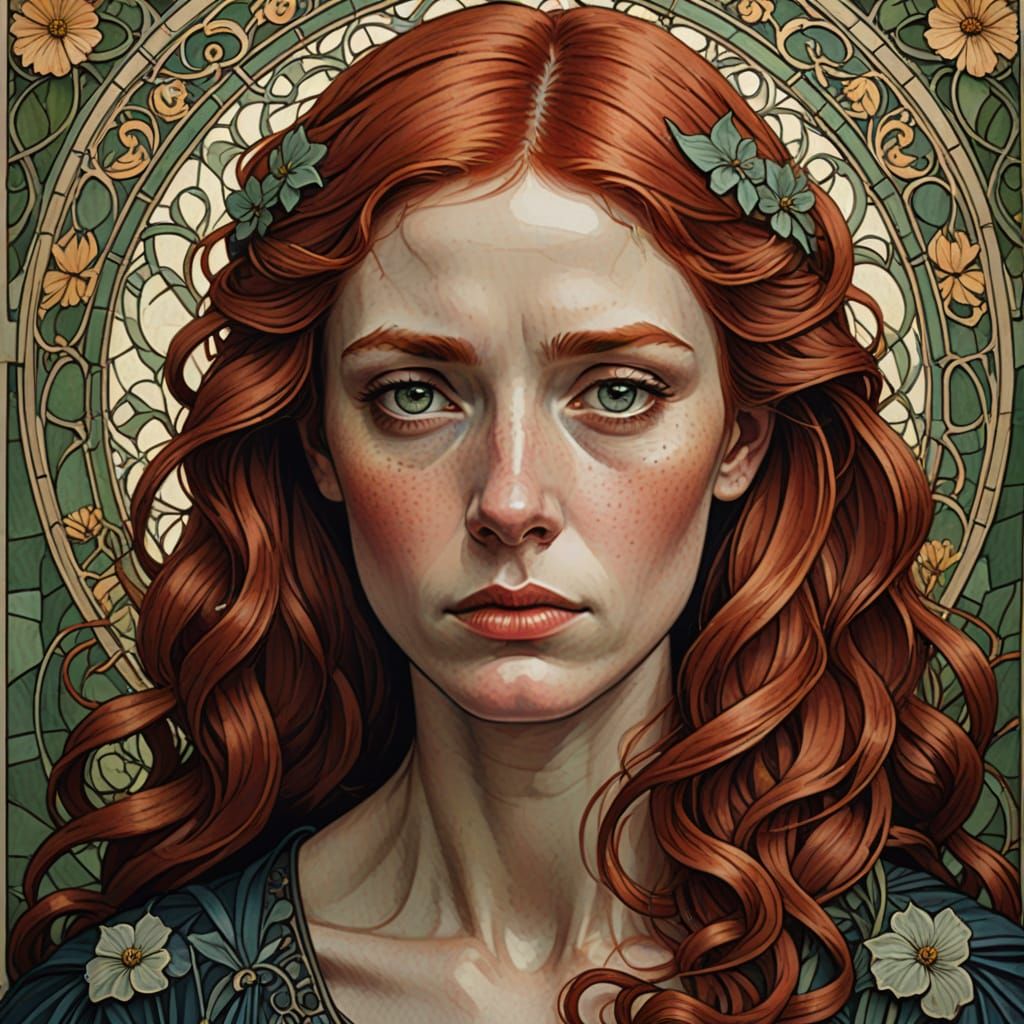 Art Nouveau Portrait of a Sad-Eyed Red-Haired Woman